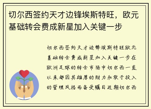 切尔西签约天才边锋埃斯特旺，欧元基础转会费成新星加入关键一步